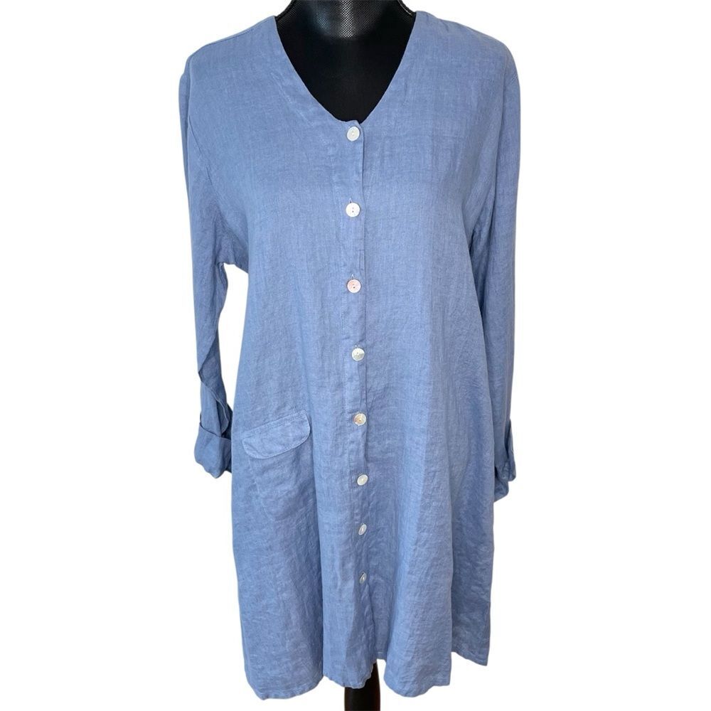 Flax Linen Dress Shirt Midi Lagenlook Minimalist Button Front Blue Size Medium